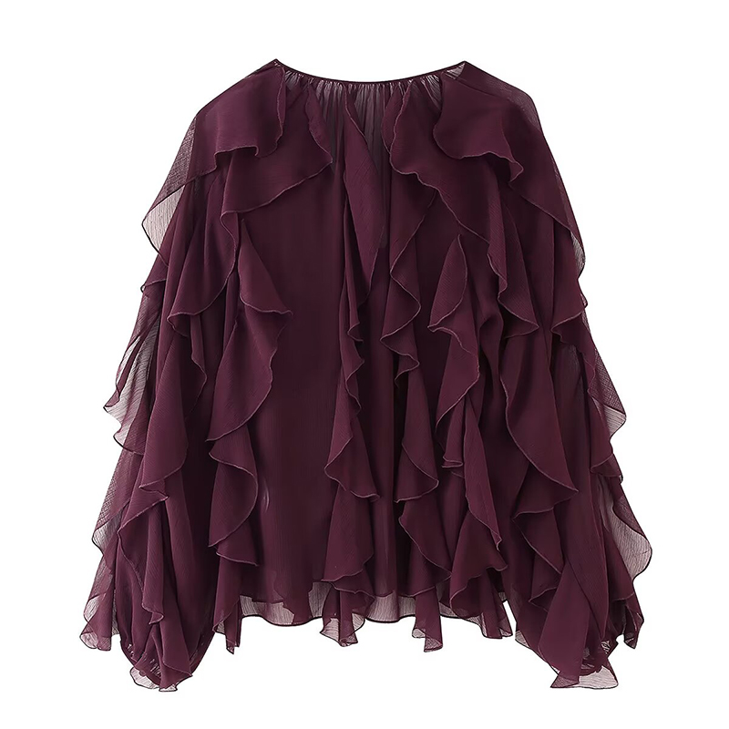 Printemps 2025 femmes sexe Semi-transparent à manches longues col en V à volants Blouse chemise bouton avant haut