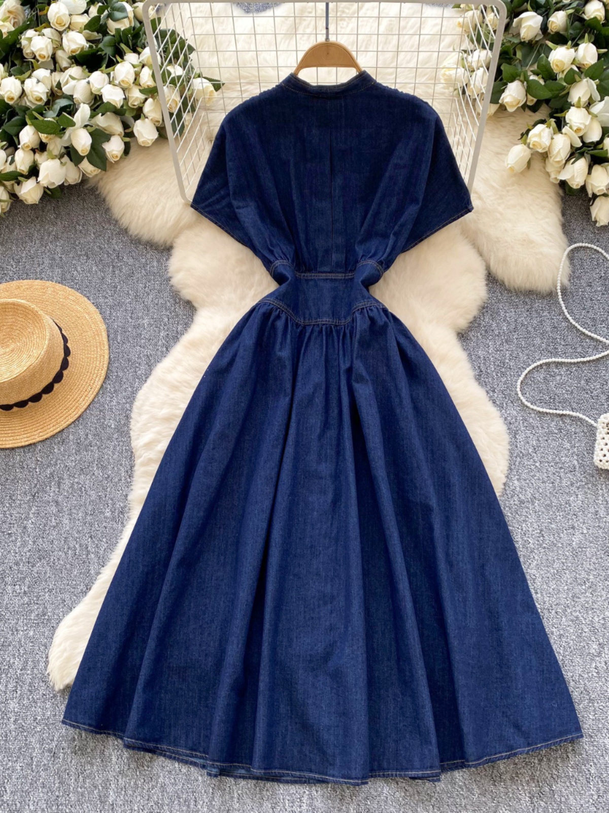 Women Denim Dress Summer Sexy Deep V-neck High Waist Pleated Jeans Dersses Ladies Vintage Slim A-line Long Robe Vestidos