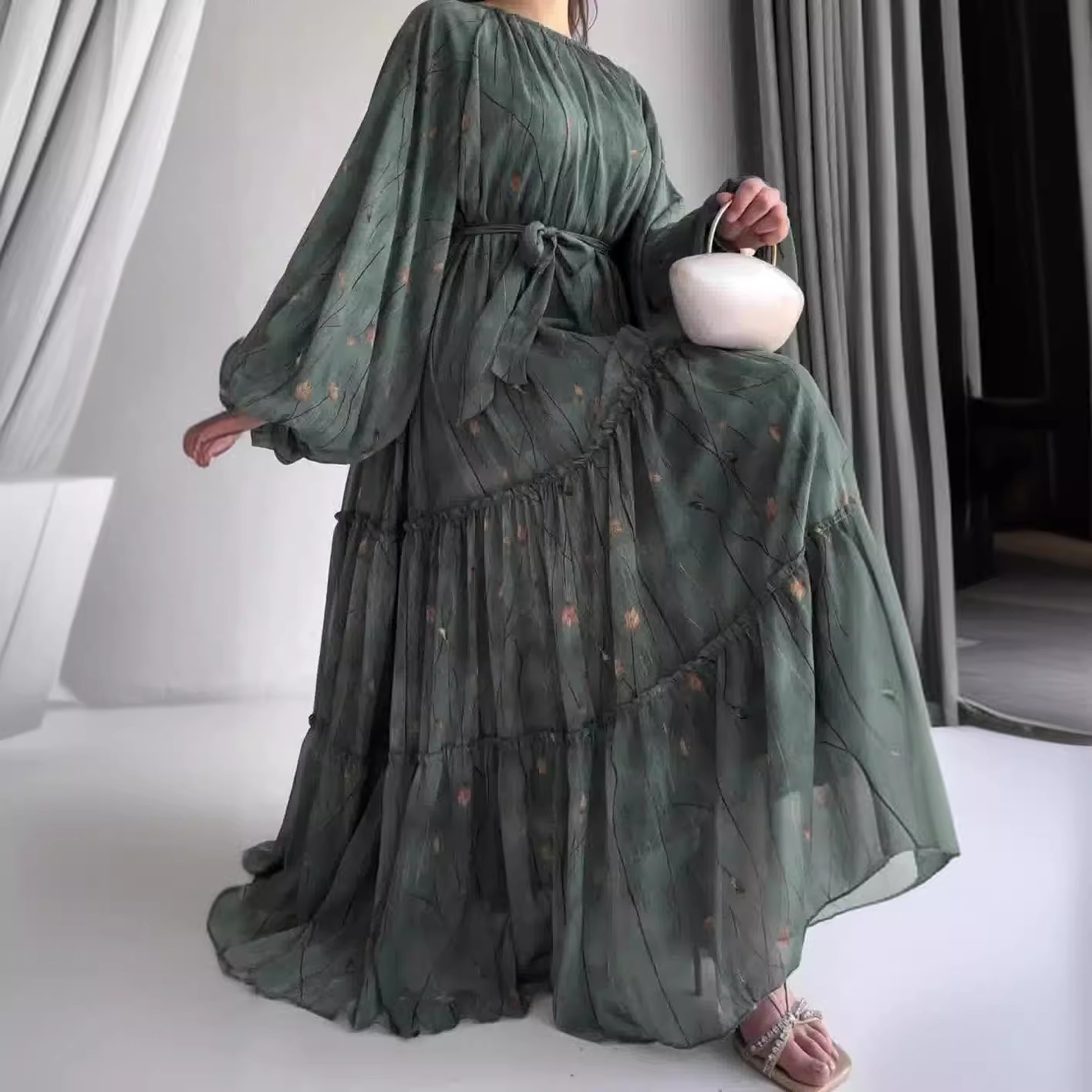 Robe longue à manches longues bouffantes pour femmes, robe trapèze décontractée, col rond, maxi à lacets, taille serrée, imprimé floral, épissure élégante, robe éducative
