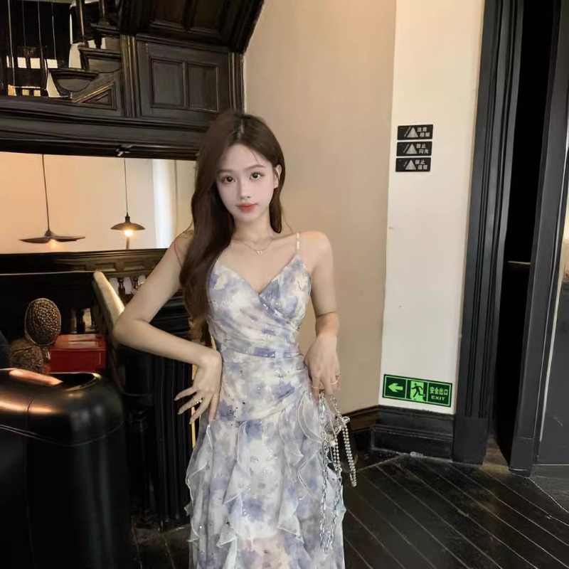 Robe longue imprimée Vintage pour femmes, sans manches, Slim, volants, en mousseline de soie, décontractée, coréenne, Y2k, bohème, Maxi, robe Плаalıе