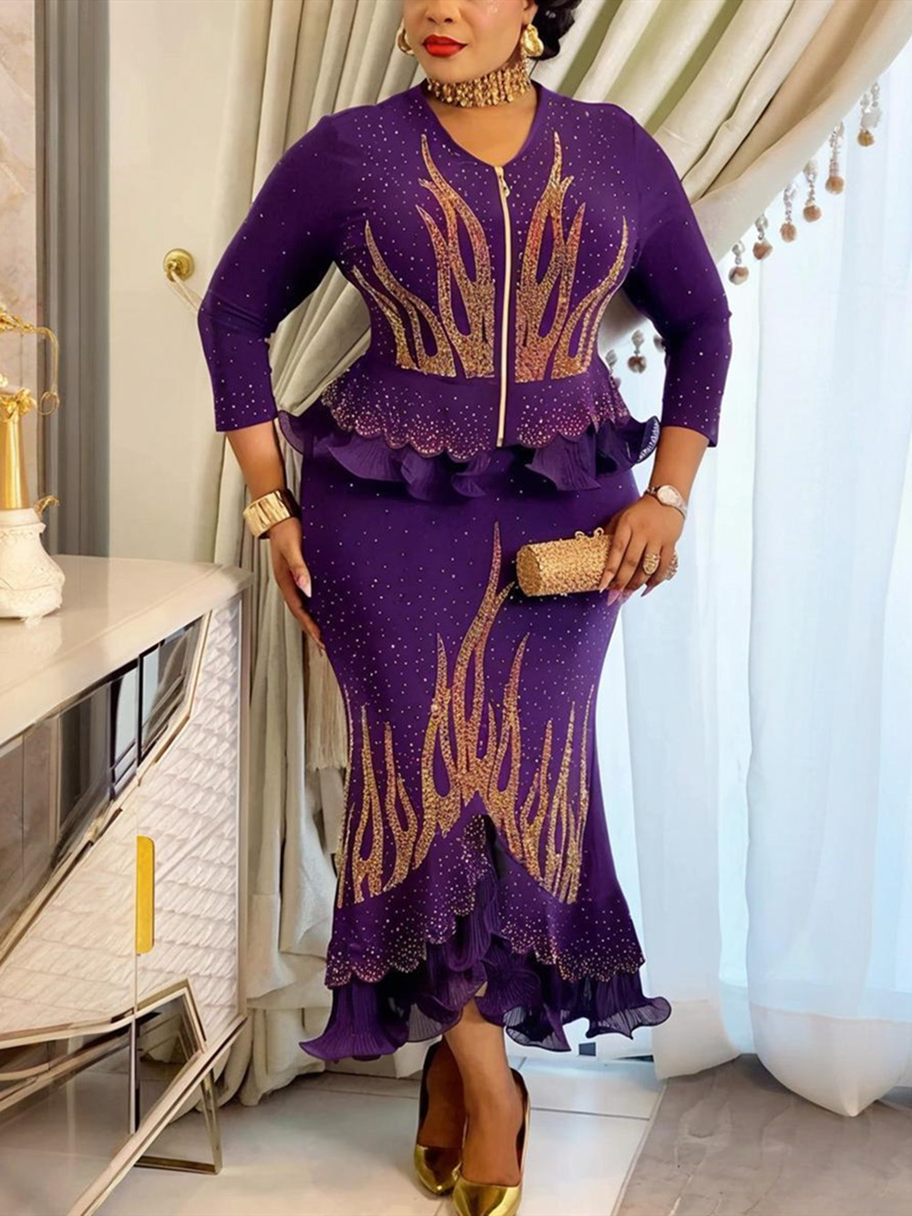 Vêtements africains grande taille pour femmes, robes de soirée de mariage de luxe Dashiki Diamond, ensemble 2 pièces, hauts et jupes.