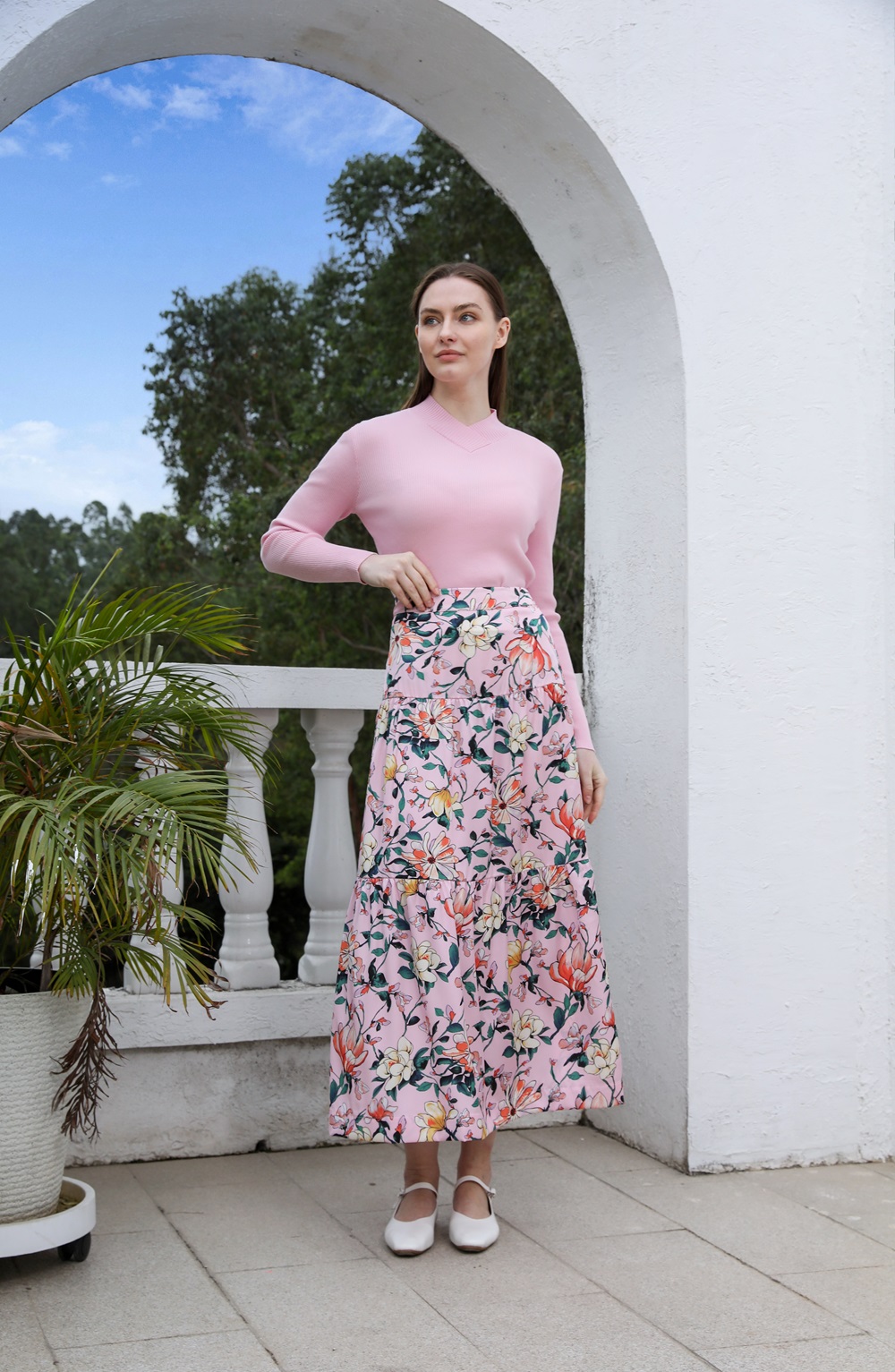 AP 2025SS – robe en Satin à fleurs pour femmes, rose clair, tricot, col en v, pull, jupe élégante pour dames