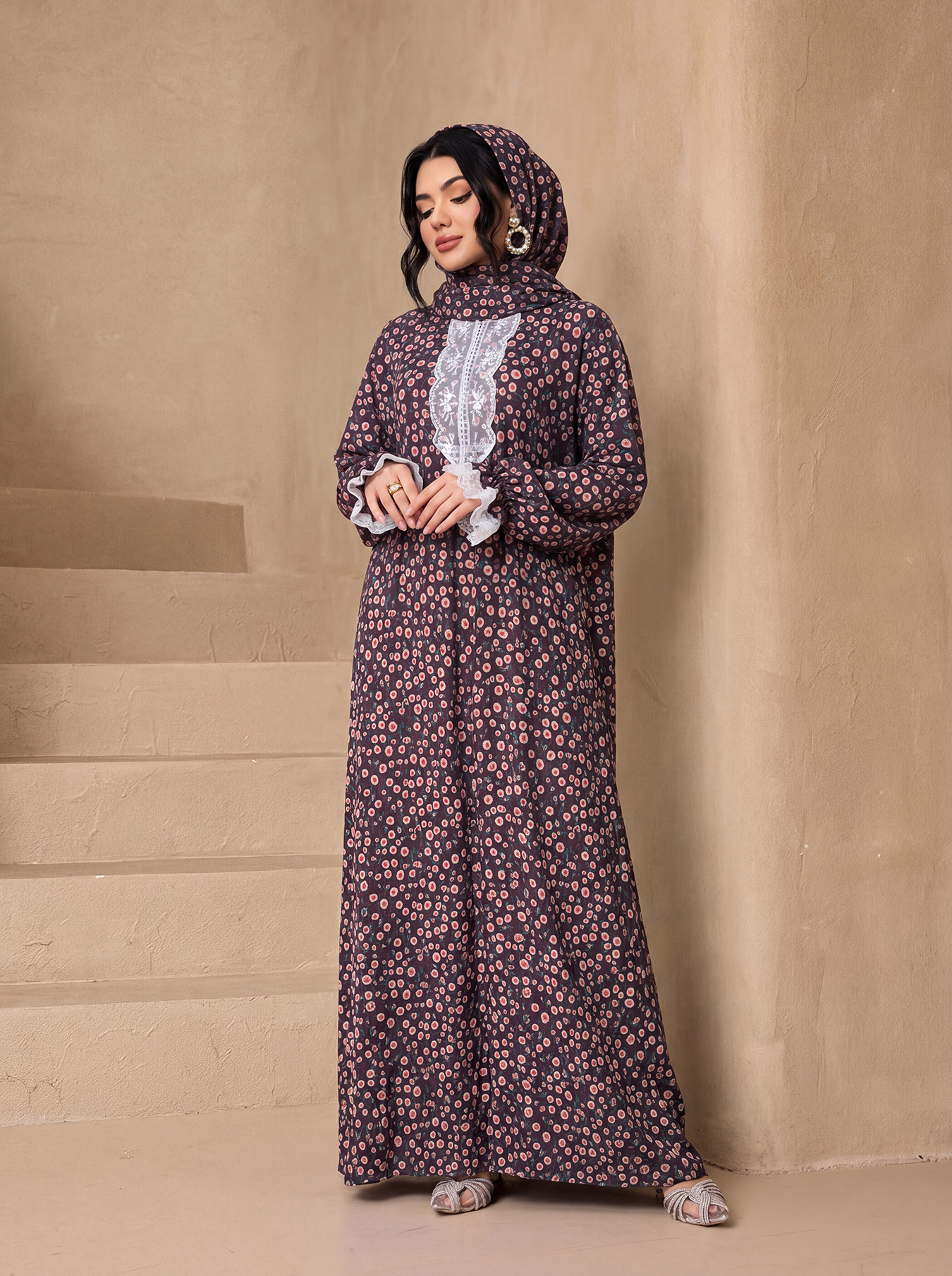 Abaya à panneaux en dentelle florale Ditsy avec hijab assorti, robe longue modeste à manches longues pour femmes musulmanes, tenue de prière quotidienne