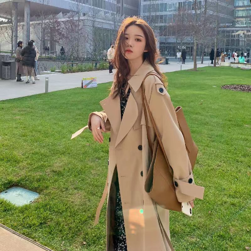 Nouvelle Trench-Coat Long Femme Automne 2026 – Style Coréen Décontracté et Élégant, Coupe Ample, Kaki et Noir, Veste Coupe-Vent pour Femme
