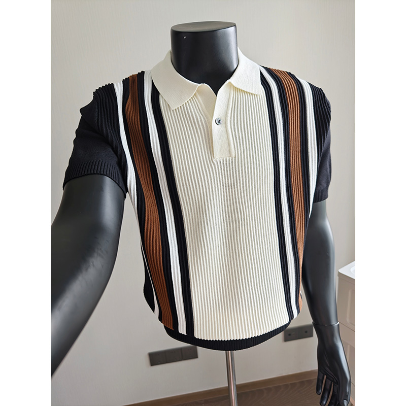 Polo tricoté en soie glacée à manches courtes pour homme 2026 – T-shirt décontracté à rayures, style business, color block, streetwear tendance
