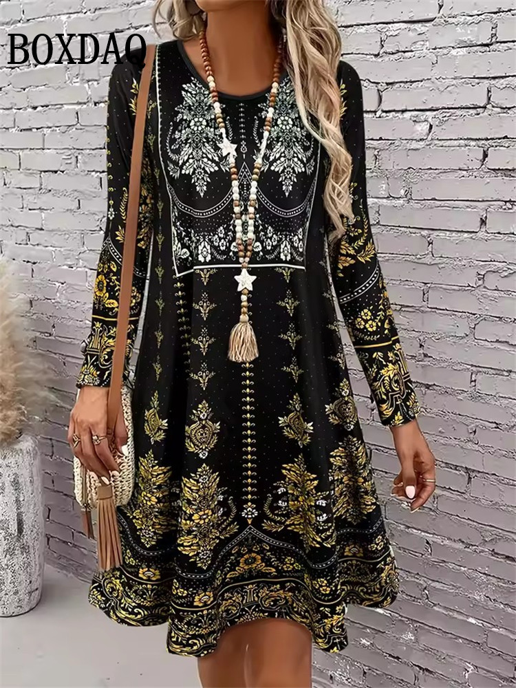 Vêtements pour femmes automne femmes rétro fleurs robe été Vintage casual mode à manches longues Floral 3D imprimé robes amples 2025