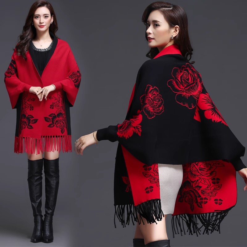 Châle pour femme, automne-hiver, style veste cape, cardigan en tricot ample à franges, pull en laine épais, réversible, manteau châle, vêtement d'extérieur