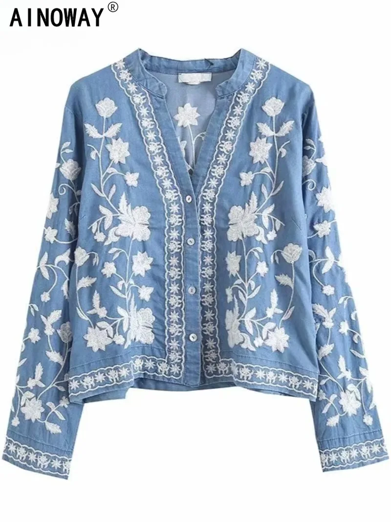 Kimono Boho Vintage Denim Coton pour Femme, Broderie Bleue, Bohème Col V, Manches Chauve-Souris, Robe Courte, Cover-up