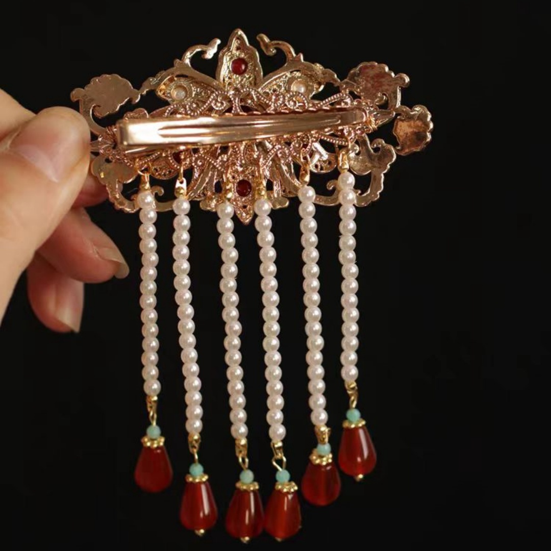 Accessoires pour cheveux de style Hanfu ancien, style rétro des dynasties Song et Ming, pinces à cheveux bleu brûlé, tenue de mariée, pinces à cheveux rouges.