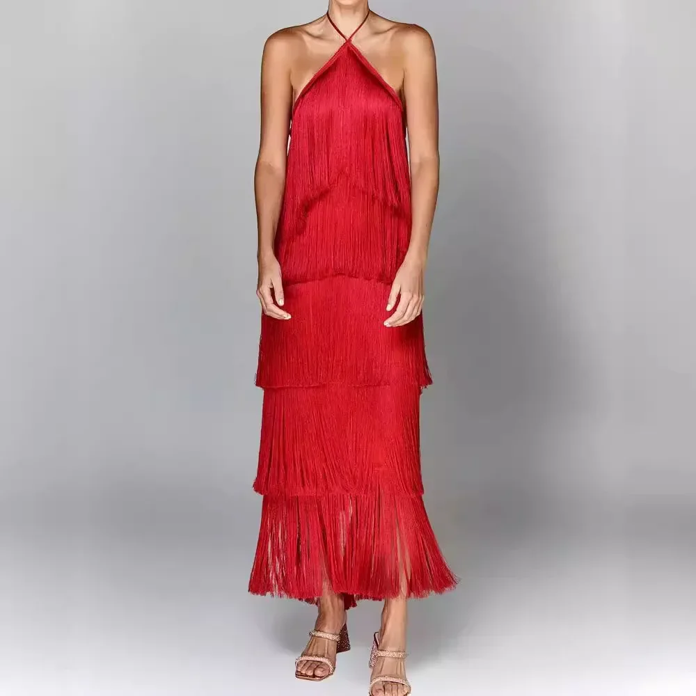 Fashion Neck Fringed Backless Slit Dress for Women