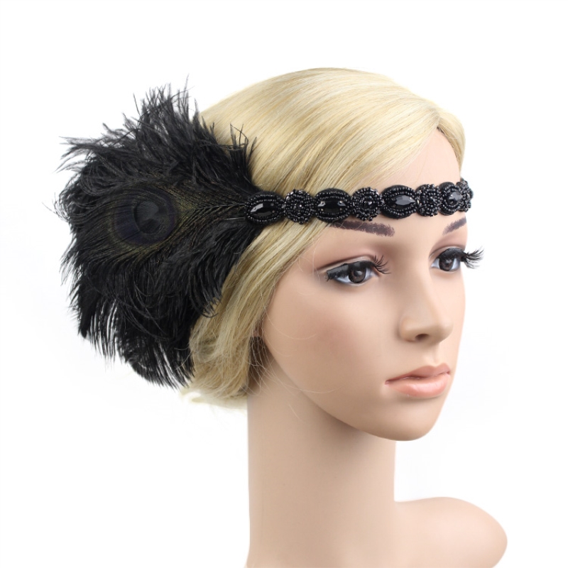Serre-tête à plumes pour femme style Charleston des années 20, accessoires de cosplay, bandeau à strass et perles, coiffe vintage Gatsby pour fête