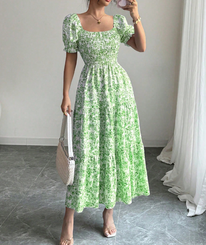 Jupe longue à manches courtes et col carré pour femme, imprimé frais, décontracté, mode, légèrement dos nu, tempérament, printemps et automne