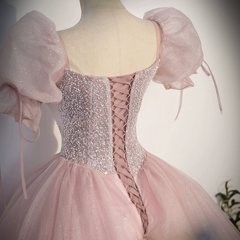 Robe de Soirée en Tulle à Paillettes et Manches Moelleuses, Tenue de Princesse, Longueur au Sol, Ligne A, Taille Haute, pour Banquet Formel, Élégante, Nouvelle Collection 2024