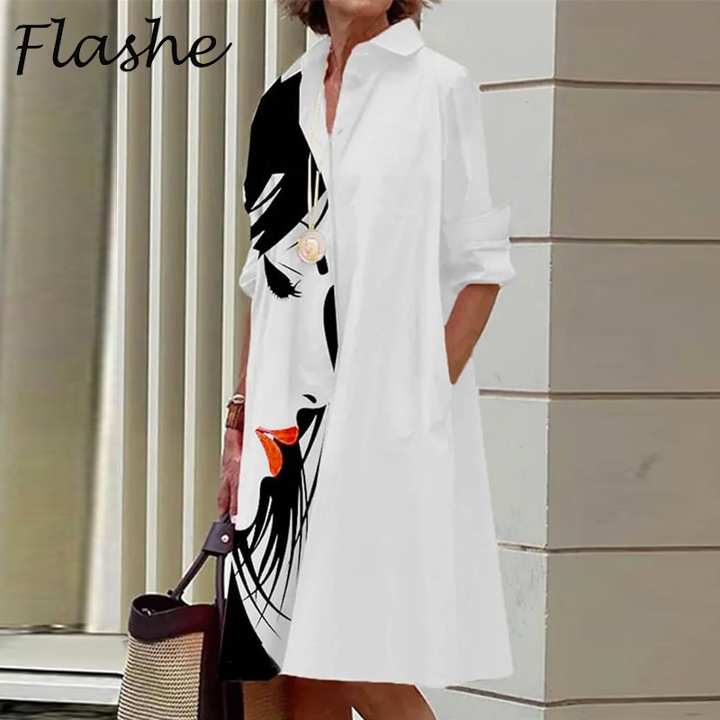Robe chemise mi-longue à manches longues pour femmes, robe de soirée élégante, imprimé abstrait, mode automne