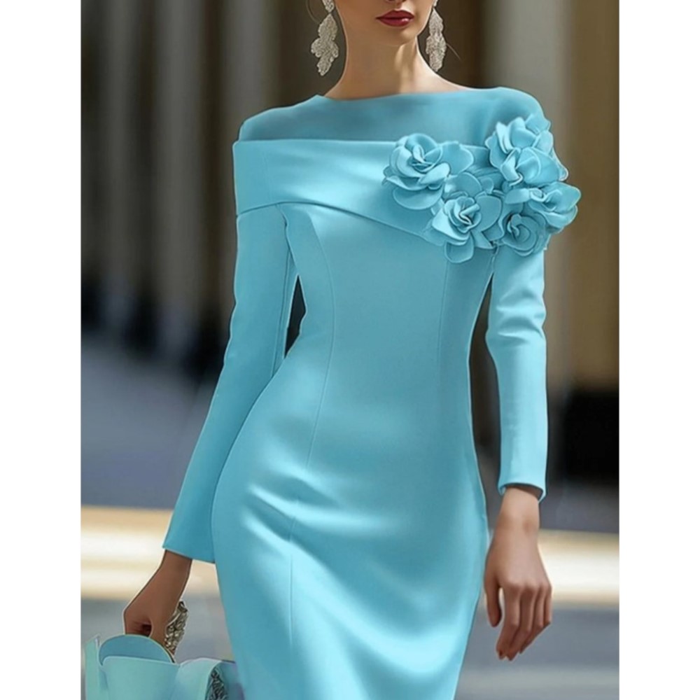 Robe de soirée élégante pour femme, style mode, collection Printemps-Été 2026, col rond, avec empiècements latéraux floraux, coupe ajustée et moulante aux hanches