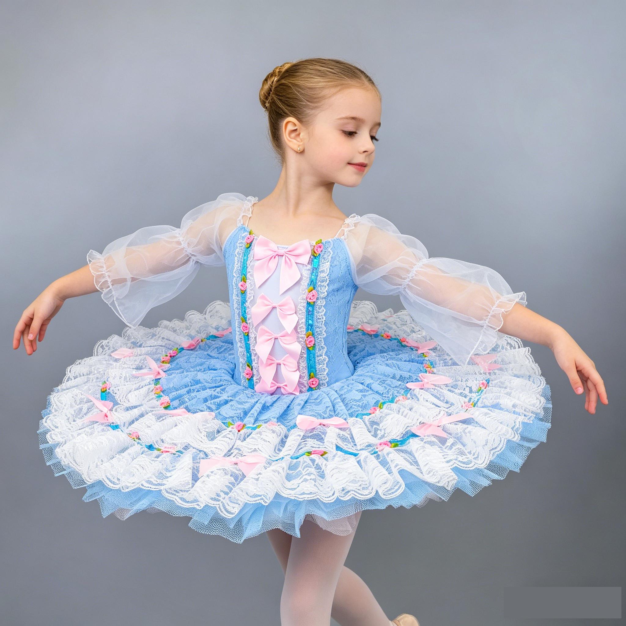 Robe de tutu de ballet à manches longues en dentelle bleue pour filles, costume de ballerine rose à nœud floral pour enfants, robe de scène pour spectacle ou fête