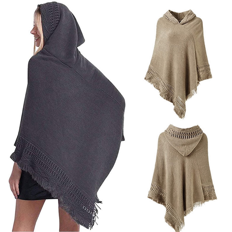 Poncho à capuche en tricot pour en Crochet, franges, châle, pull portefeuille, hiver, L21E