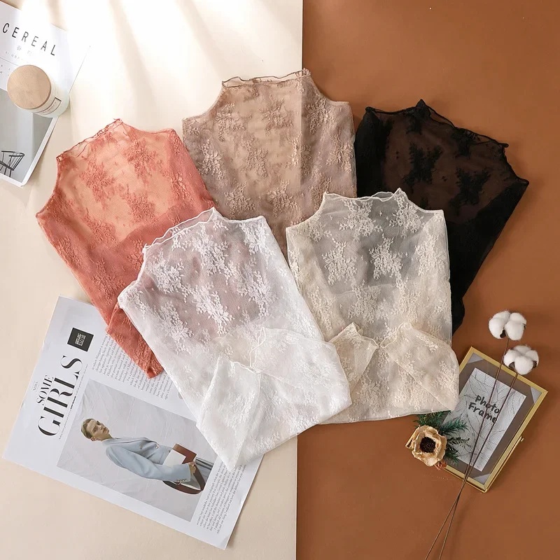 Nouvelle chemise en dentelle florale pour femme, manches longues, sexy, en maille, col montant, pull-over, haut de printemps-automne