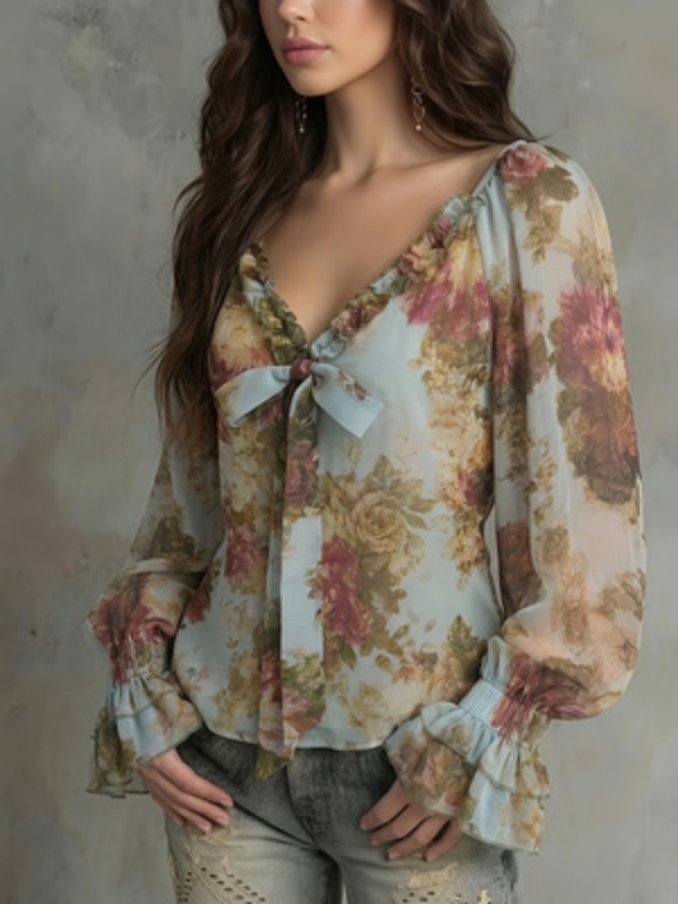 Chemise à imprimé floral vintage pour femmes, col en V avec manches bouffantes, haut en mousseline de soie, style élégant rétro