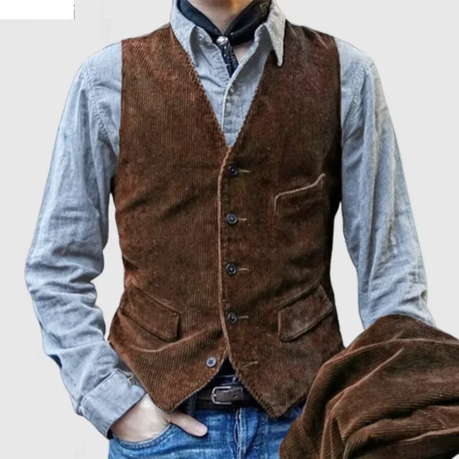 Gilets Vintage pour hommes, gilet en velours côtelé de Style britannique, manteaux décontractés, veste sans manches à simple boutonnage pour hommes, gilet formel