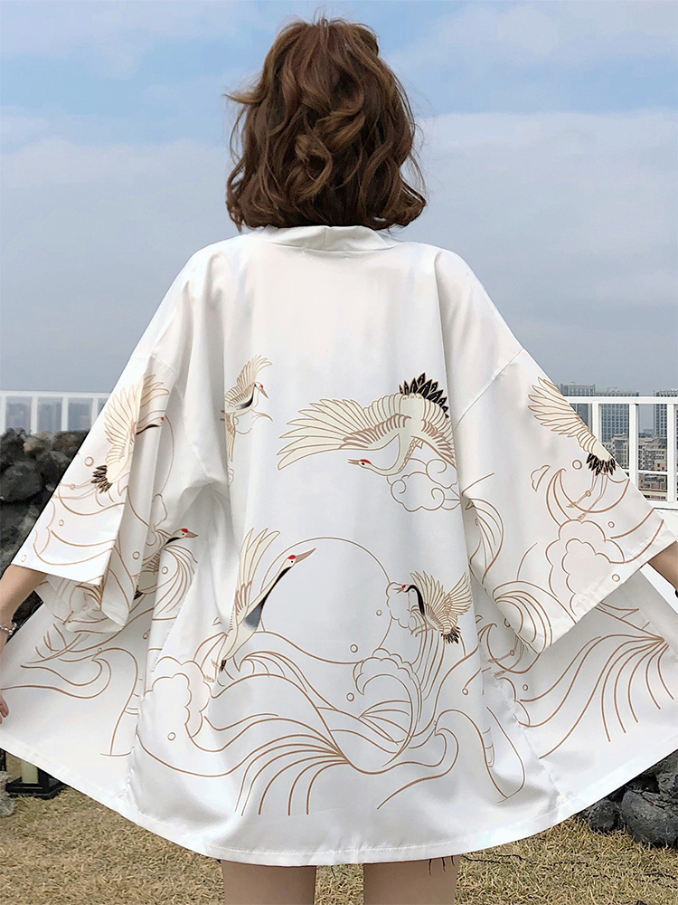 Cardigan Kimono Haori imprimé grue amélioré artistique rétro japonais, décontracté, ample, polyvalent, Protection solaire, veste fine, printemps et été