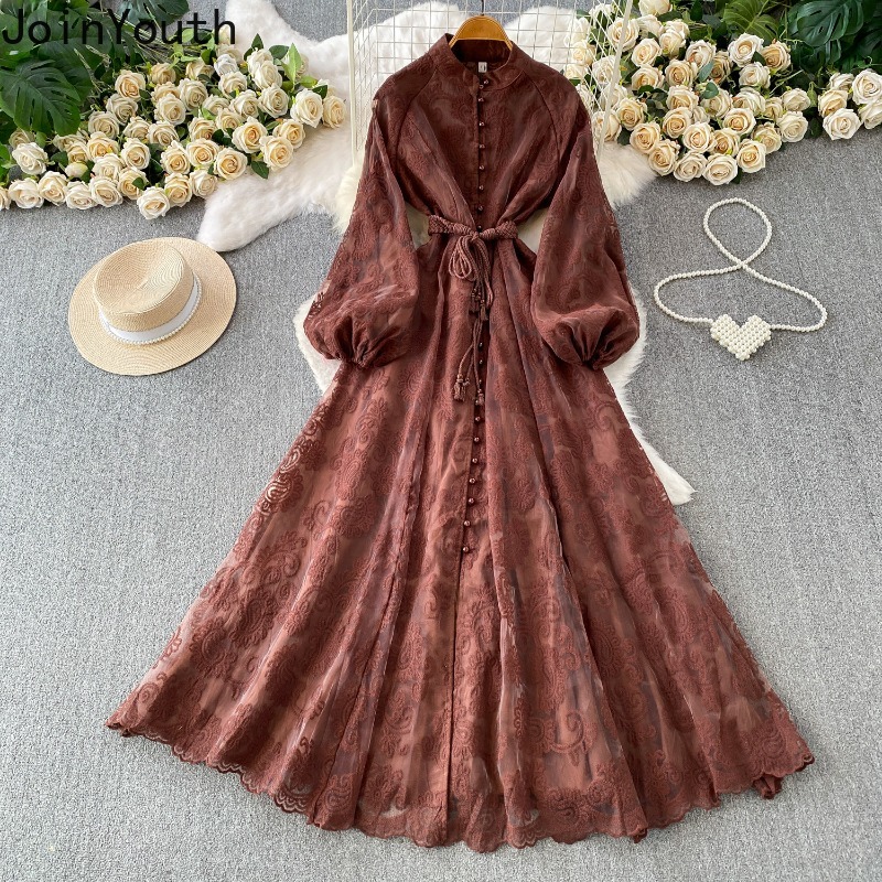 Robes Tunique Vintage pour Femme à Manches Longues, Taille Cintrée, Col Montant, Broderie Dentelle, Robe Longue Maxi 2026