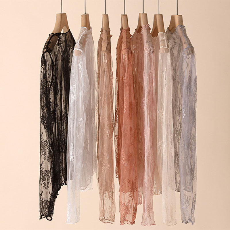 Chemises transparentes en dentelle pour femmes, élégantes, Sexy, manches longues, maille, tulles, Vintage, polyvalentes, à bascule transparente