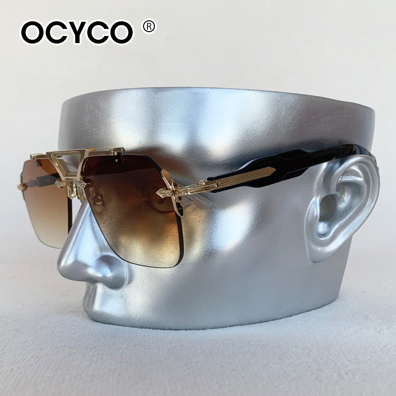 Lunettes de soleil carrées classiques de marque de luxe, sans monture, pour hommes et femmes, style rétro vintage punk, lunettes de soleil surdimensionnées, monture en métal