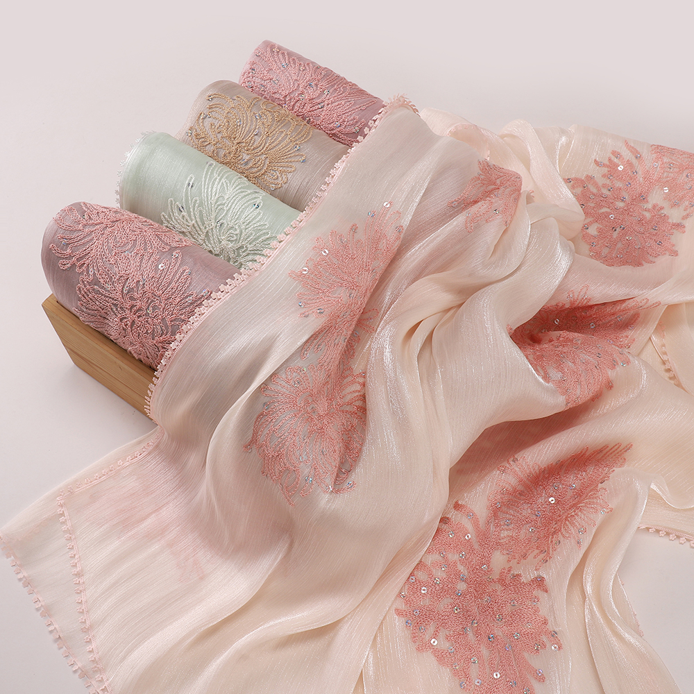 Hijab Modeste en Organza Pailleté avec Broderie Papillon et Bordure de Paillettes, Foulard Musulman, Châle de Mariage pour le Ramadan