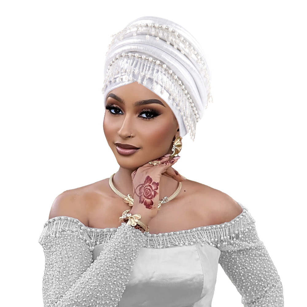 Casquette Turban à la mode pour femmes, bandeau de dame africaine avec pompons de perles, chapeau de fête de mariage du Nigeria