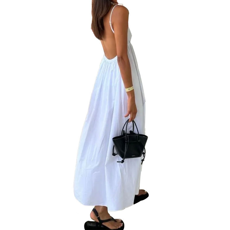 VEITCHE été Sexy dos nu femmes robe longue col en V solide taille haute coupe ample a-ligne robes blanches plage Vocation tenue