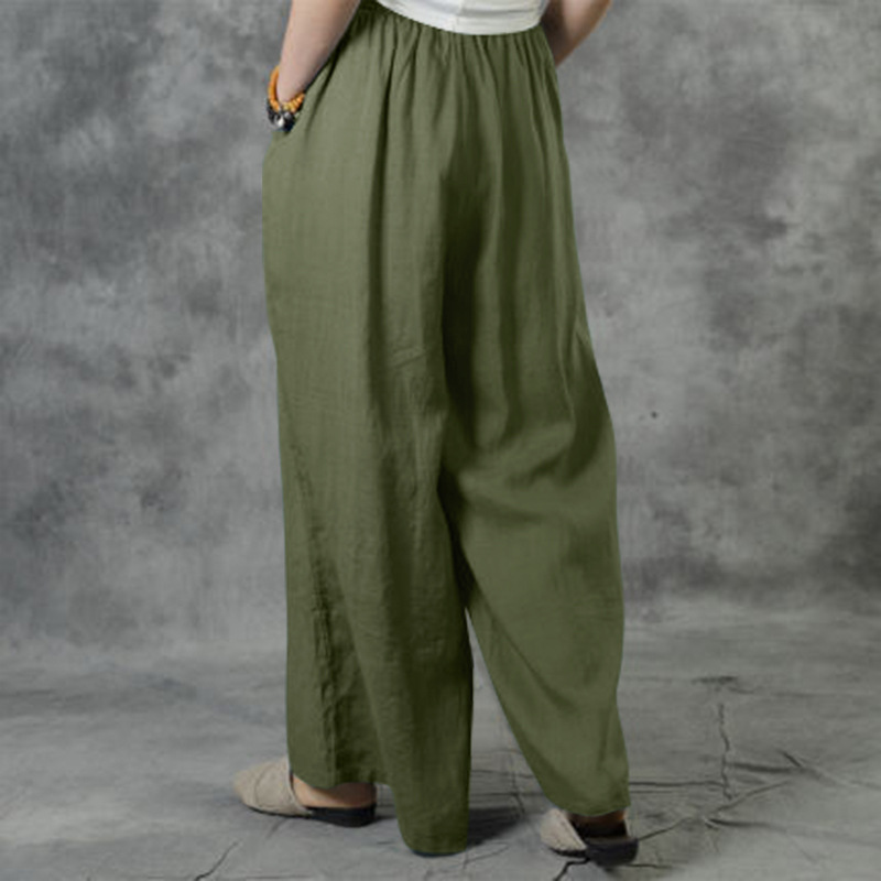 Pantalon décontracté femme 2026, nouveau modèle ample en coton et lin, couleur unie, taille élastique, jambe large, avec poches, vêtements pour femmes