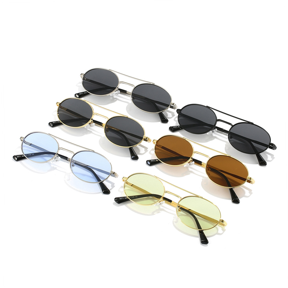 Lunettes de soleil ovales à petite monture pour femmes, vintage, marque de mode, double pont en métal, lunettes rétro pour dames, ombre