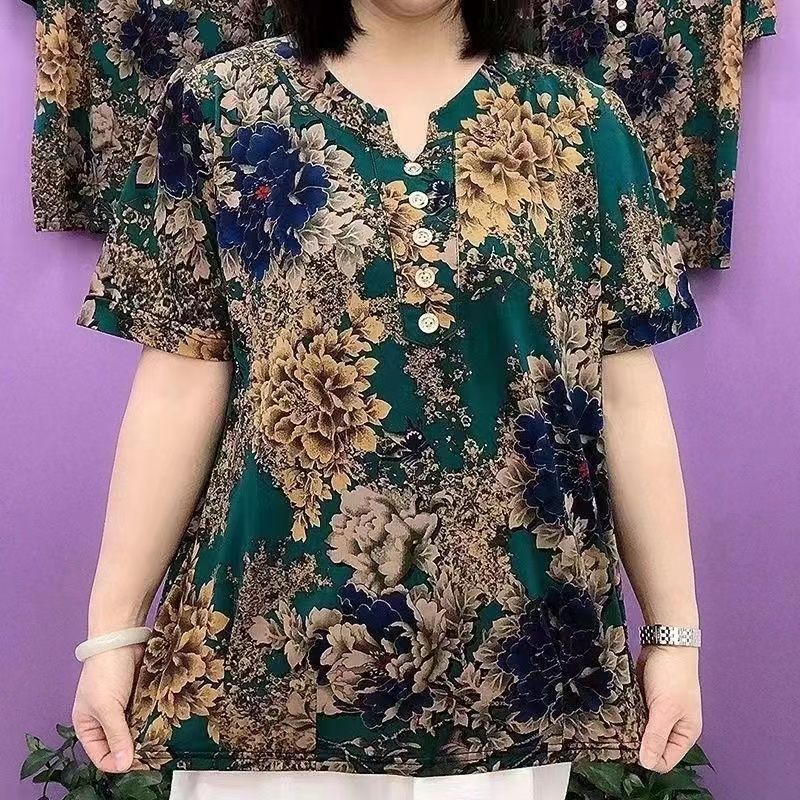 Vêtements pour femmes d'âge moyen et âgées, été 2025, t-shirts amples à imprimé floral vintage, décontractés, col rond, manches courtes, pulls