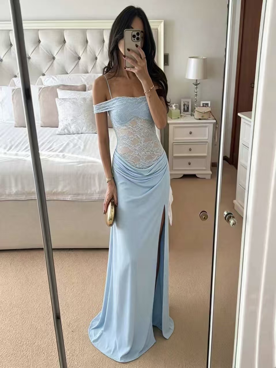 Robe longue élégante bordeaux asymétrique à une épaule, de luxe, pour femme, avec dos nu en dentelle et fente, pour soirée, bal, été, marron, noir, bleu