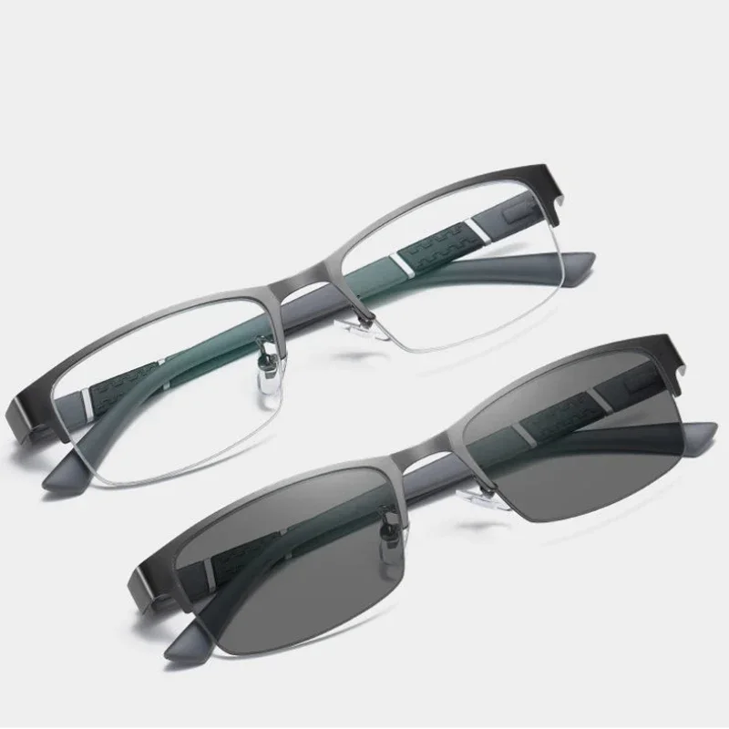 Lunettes de myopie photochromiques pour hommes, demi-monture d'affaires vintage, lunettes de vue moins, extérieur, document proxy, lunettes de soleil 0-1.0 à-4.0