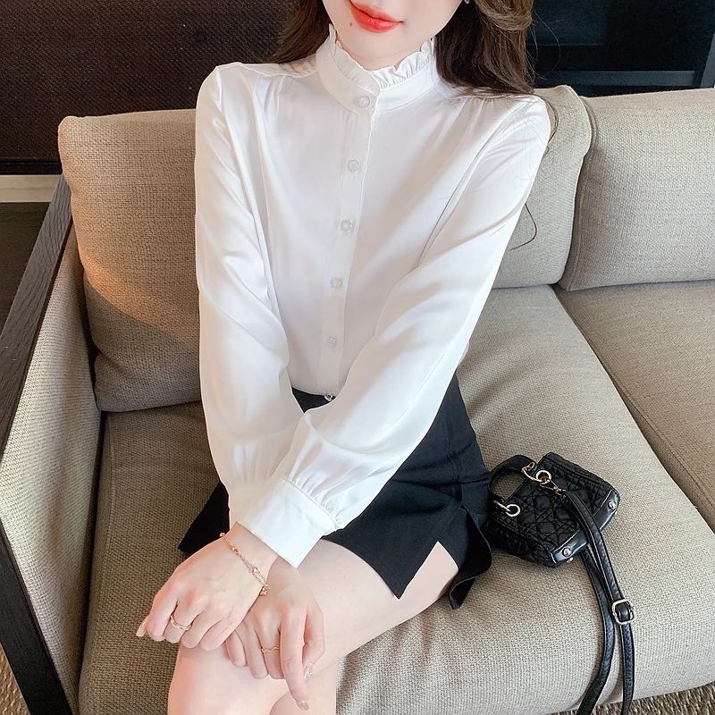 Chemisier en mousseline de soie à manches longues pour femmes, chemise à la mode, col montant, chemisier blanc, H540, 2024