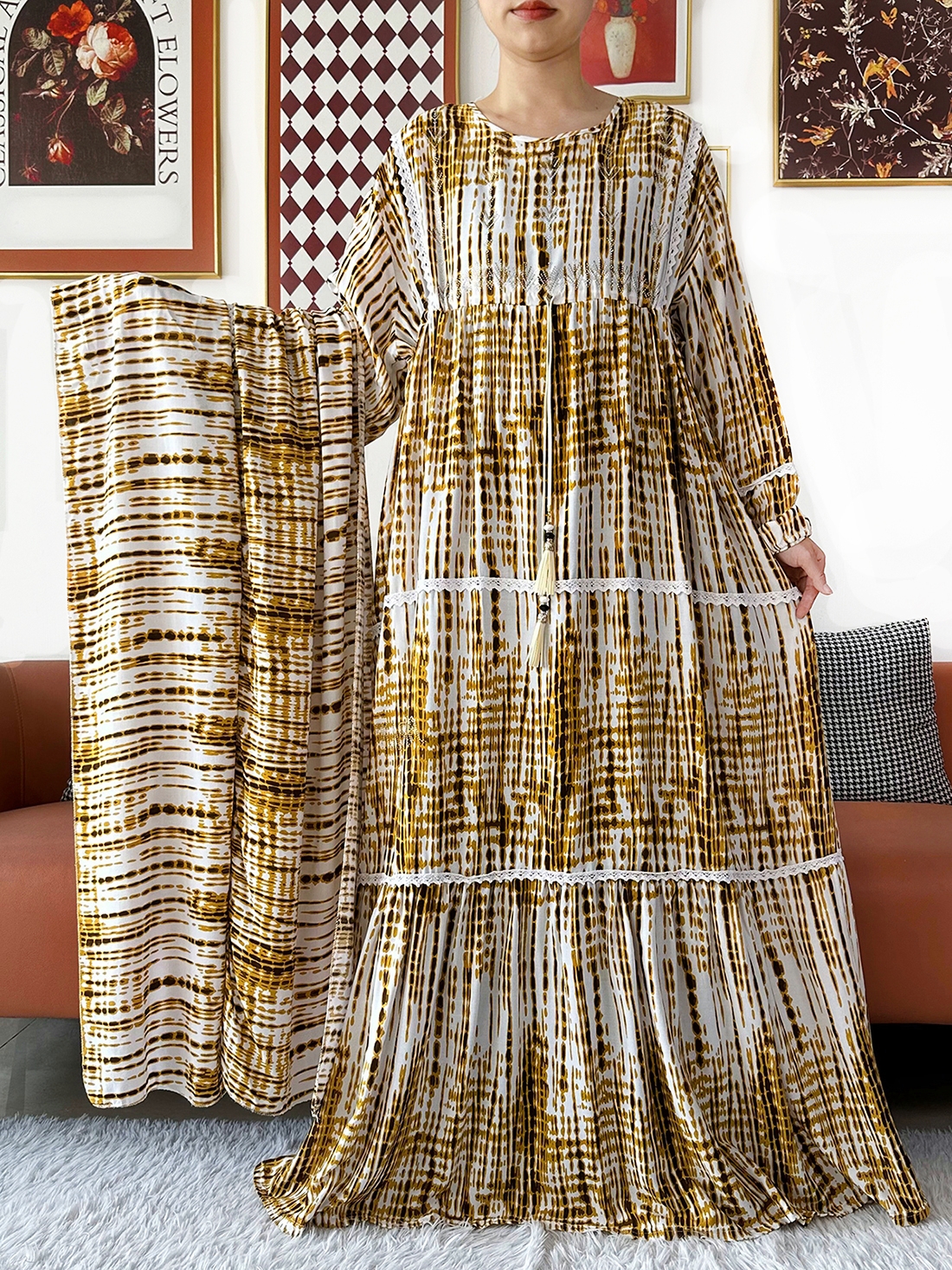 Nouvelle Robe Kashkha Dubaï pour Femme 2026, Robe Abaya Dubaï en Coton Tie-Dye, Manches Longues, Ample, Style Bohème, Maxi, Décontractée, Mode Africaine