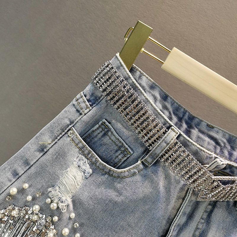 Short en jean pour femmes, vêtements d'été, nouvelle taille haute européenne, fine, industrie lourde, perles, paillettes, franges, cuivre cassé, 2025