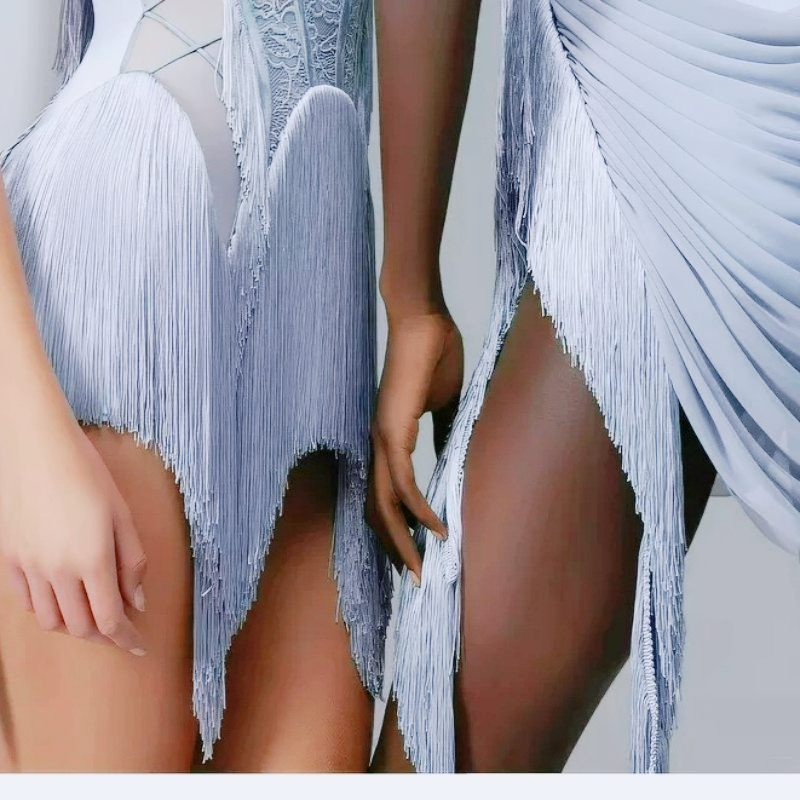 Robe de danse latine pour femmes, avec bretelles, maille ajourée et jupe à franges, pour la pratique et la performance de Cha Cha, Rumba, danse de scène et de salon