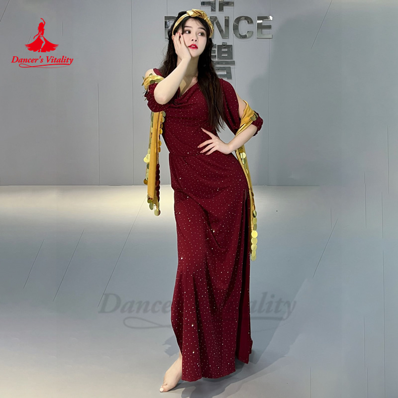 Ensemble de olympiques de performance de danse du ventre pour femmes, robe en coton à demi-manches, coiffure, ceinture, robes de performance Shabbi Baladi, 3 pièces