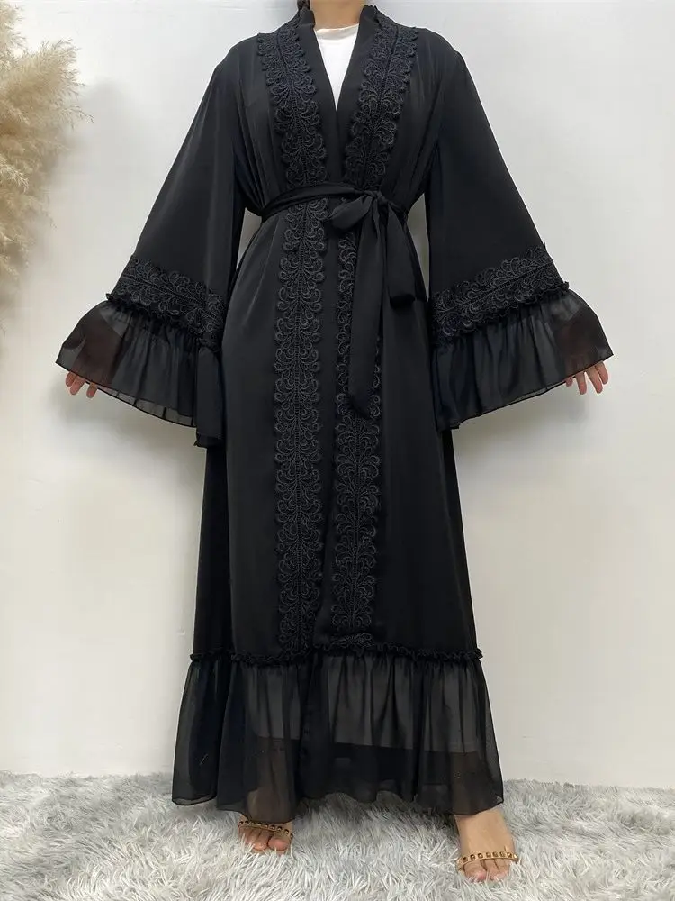 Abayas noires musulmanes avec ceinture pour femmes, Djellaba marocaine, Dubaï, manches évasées brodées, dentelle, Eid, Islam
