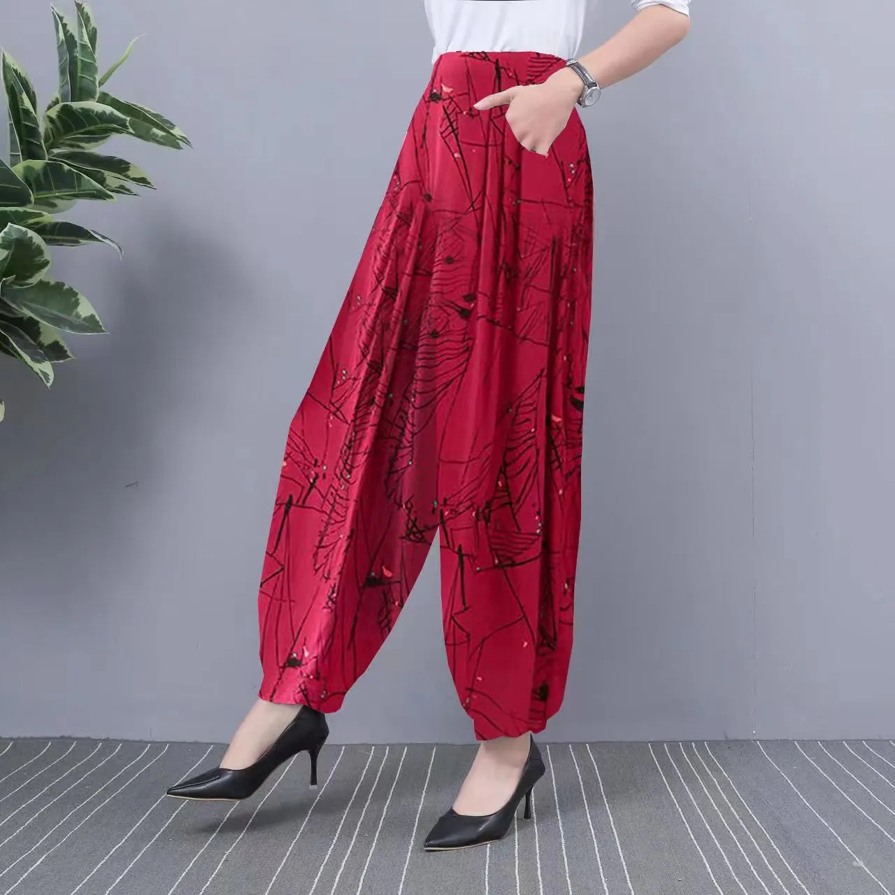 Pantalon en soie glacée pour femmes, sarouel fin, taille haute, élastique, mode imprimée, décontracté, jambes larges, nouvelle collection été 2024