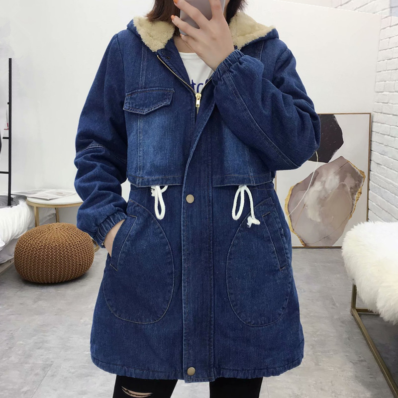 Nouveau aux femmes Jean Veste L'hiver Mode Chaud Épaissir Plus Velours Coton Parkas Manteau Lâche Encapuchonné Longue Hauts Manteau Vêtements d'extérieur Femelle