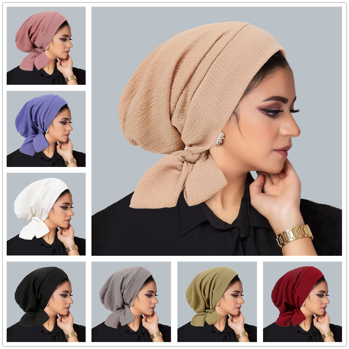 Turban Hijab à longue sangle à queue, chapeaux musulmans de couleur unie, bandeau élastique respirant, casquette de chimio pour femmes et filles