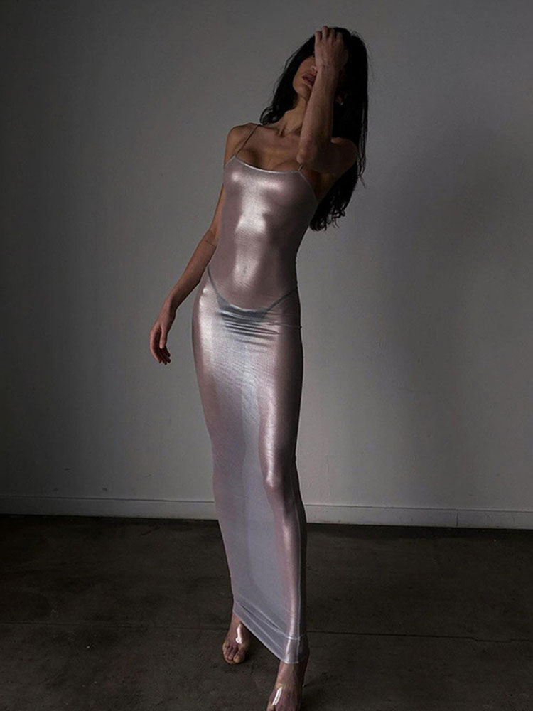 Robe Maxi transparente pour femmes, Sexy, à bretelles, façonnant le corps, superbe tenue Hipster