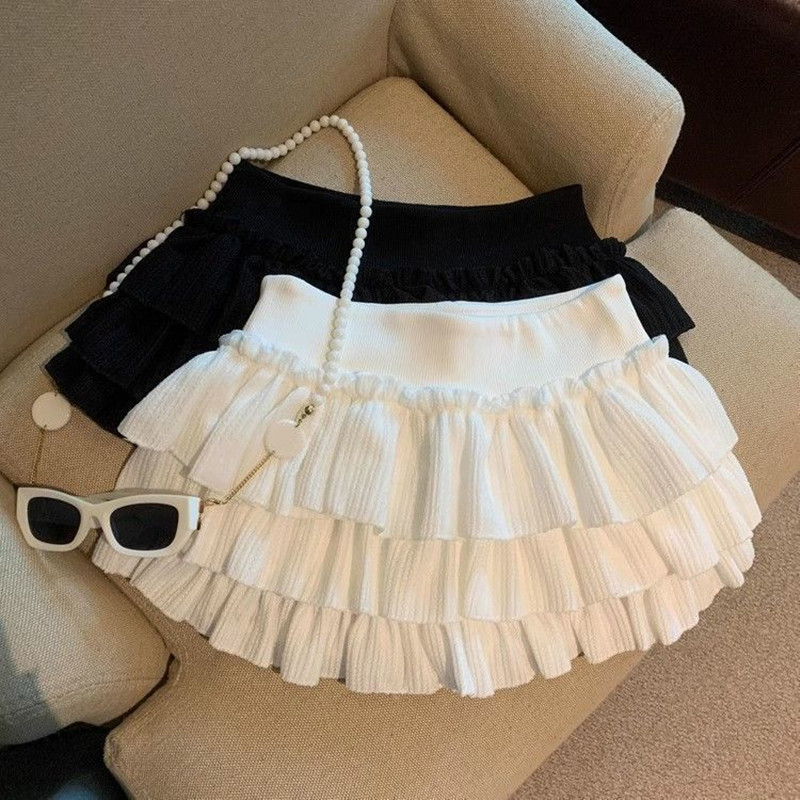 Jupe courte d'été pour femmes, blanc et noir, mode coréenne, taille élastique, Tutu, à volants, ligne a, Mini jupe gâteau plissée