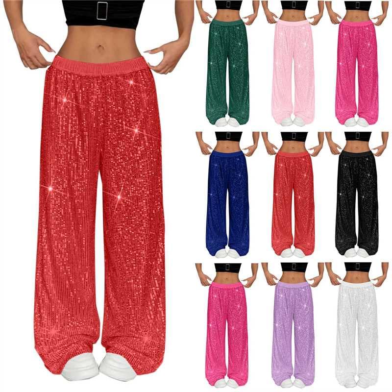 Pantalon décontracté à paillettes, extensible, taille haute, coupe large, tenue de soirée, club, brillant, élégant, ample, vêtements de soirée accrocheurs