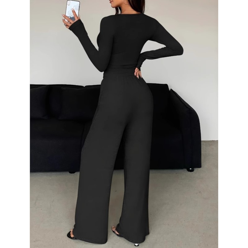 Ensemble 2 pièces pour femme, tenue décontractée et élégante, haut à manches longues boutonné de couleur unie, pantalon taille haute, printemps automne
