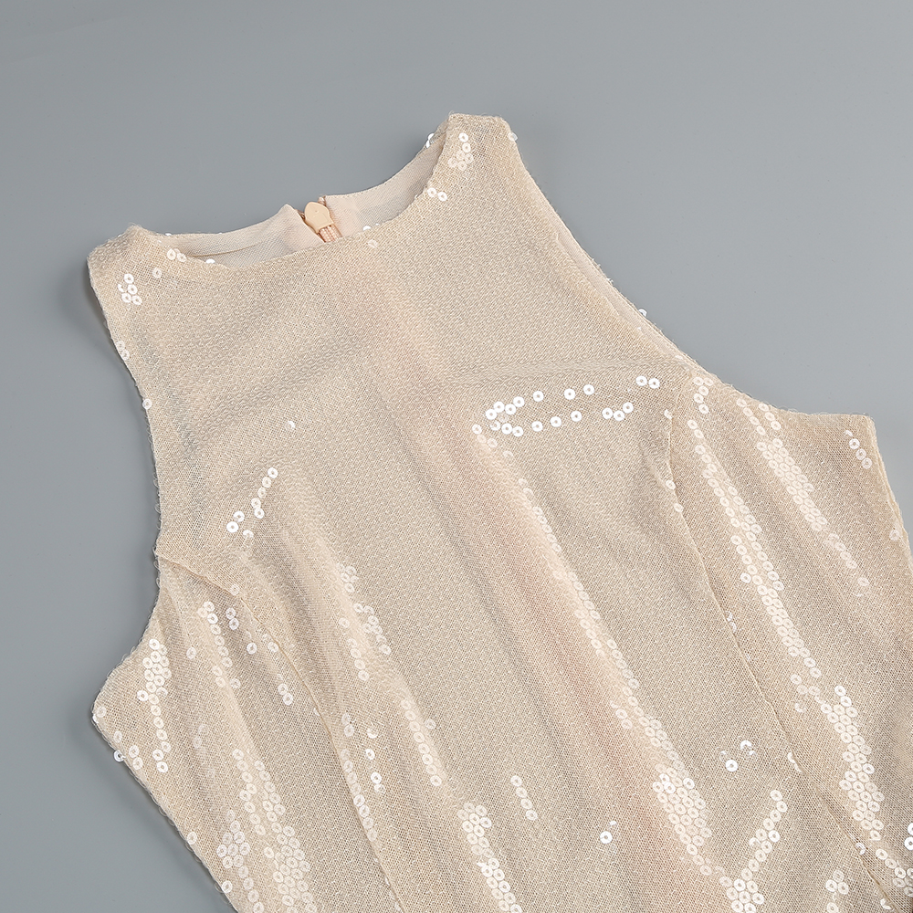 Robe longue de soirée sexy en patchwork de paillettes transparentes – Robe moulante sans manches avec découpe illusion